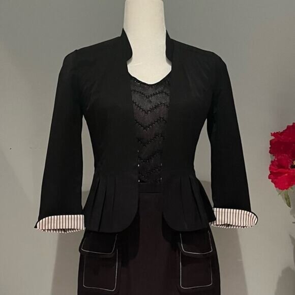 NEW Linen Skirt Suit Striped Pencil Skirt Sz 4 Pleated Peplum Blazer Sz 0 NWOT - Picture 7 of 16